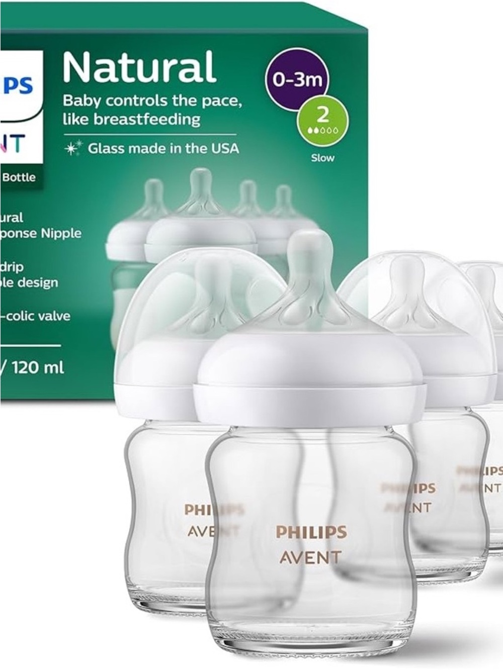 Philips Avent Natural Glass Baby Bottles Flow 2 4oz 4 Pack 0-3M Natural Response
